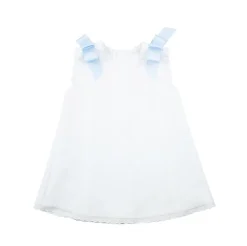 Baby’s long Dress in white piqué fabric and blue bows