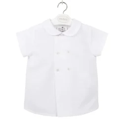 Double buttoning white linen short sleeves shirt
