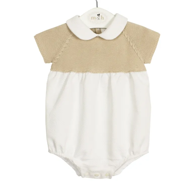Piqué baby romper with beige knit