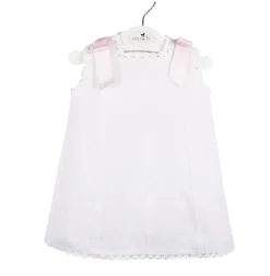 Short baby dress in white piqué fabric and pink bows