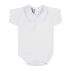 Short sleeve piqué bodysuit Peter Pan collar with pink stitch